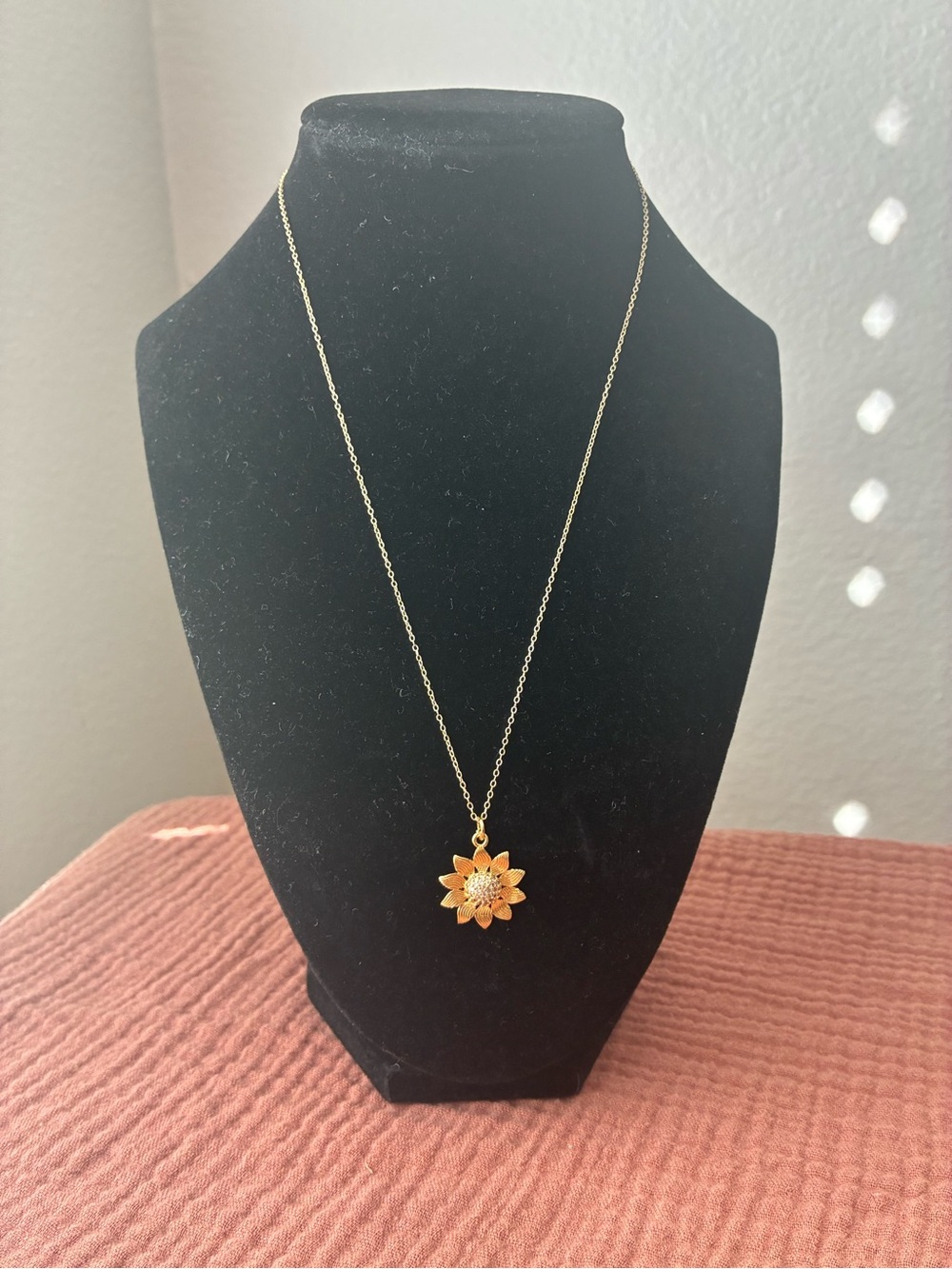 Gold Sunflower Pendant- 925 Sterling Silver Chain 18”